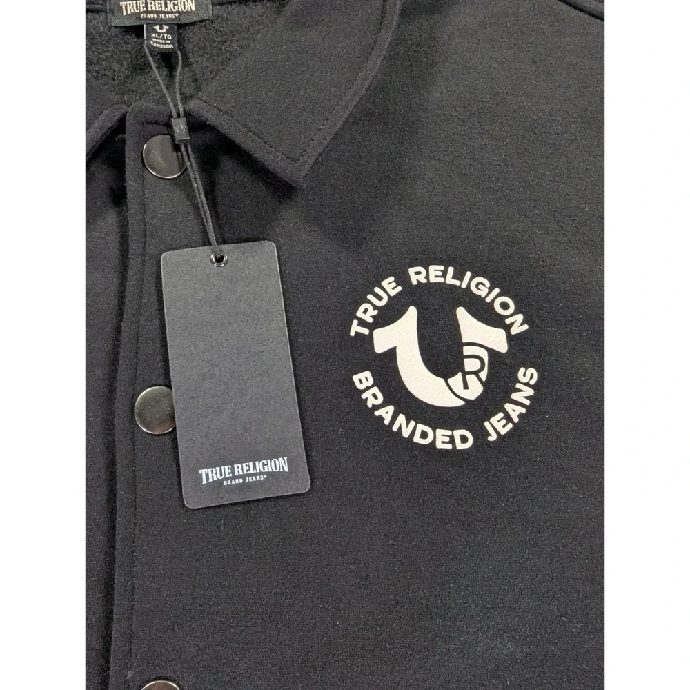 True Religion Collared Patch Fleece Varsity Jacket XL Black White 700581 New